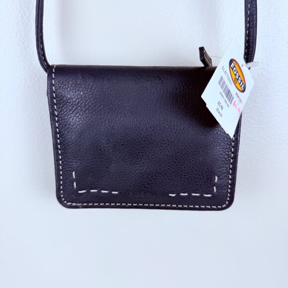 NWT Fossil Black Leather Crossbody Wallet | Contrast Stitching | Zip Pockets - Picture 2 of 9